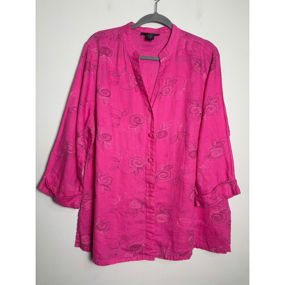 St. Tropez West Womens Linen Tunic Top 1X Button Up 3/4 Sleeve Floral Embroidery